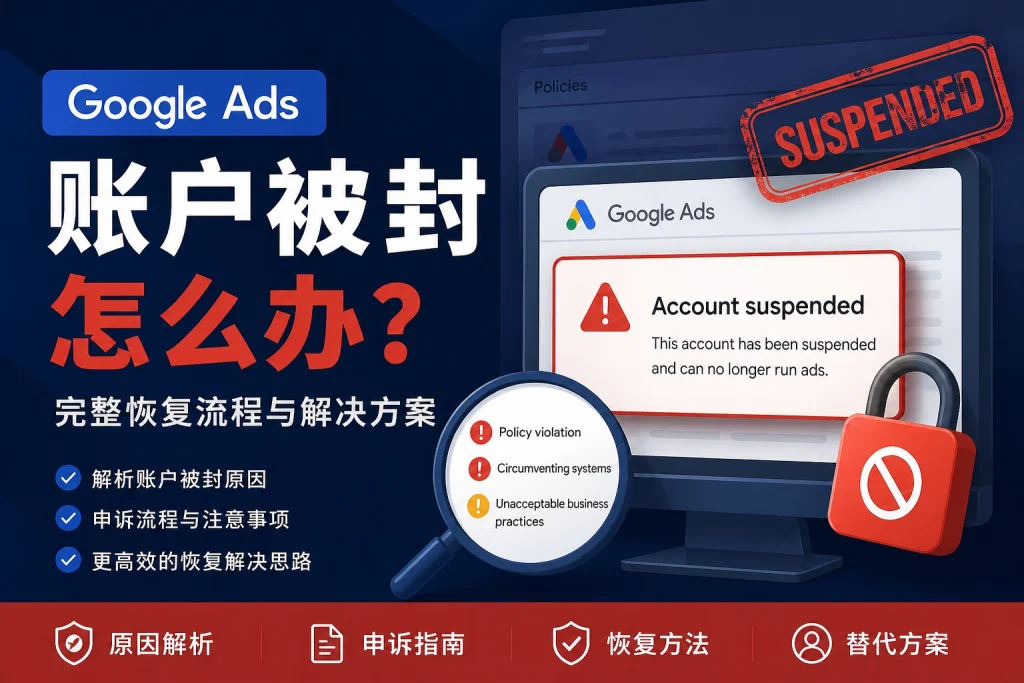 谷歌广告账户被封原因与恢复解决方案示意图